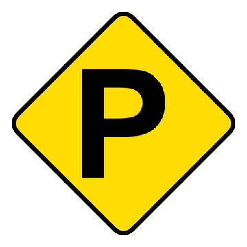 yellow and black diamond-shaped parking sign featuring the letter P, highlighting traffic regulations, vehicle parking zones, and essential road safety vector icons.