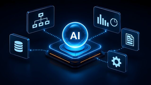 Artificial intelligence central hub connecting to data processing analytics and digital management interfaces on dark glowing background