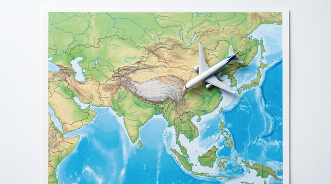 A small toy airplane model is placed on a colorful physical world map over East Asia.
