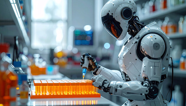 Futuristic humanoid robot scientist using pipette on test tube samples in modern laboratory, AI technology concept