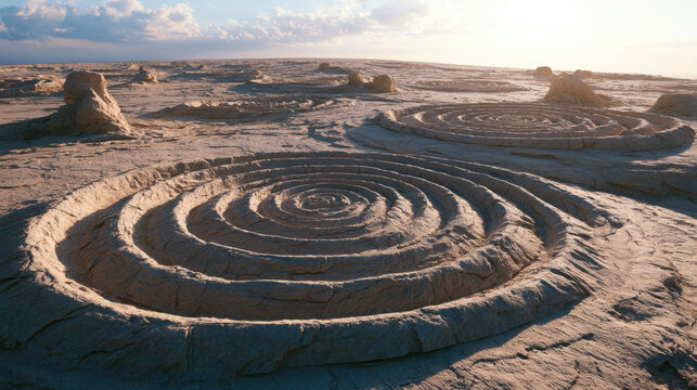 Ancient Wind-Carved Sandstone Spiral Formations in Desert Landscape