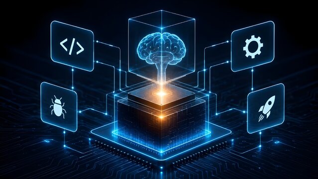 Artificial intelligence brain hologram on computer microchip with software development programming code and rocket launch technology icons