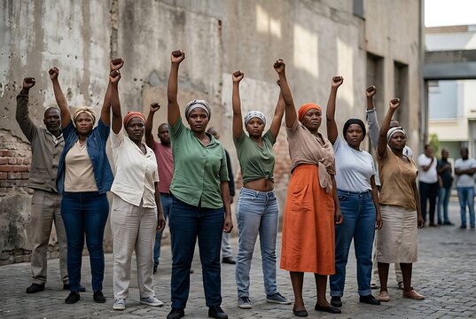 Group of diverse women standing together on a cobblestone street holding their fists high in unity and protest with raised fists solidarity activism empowerment feminism equality demonstration