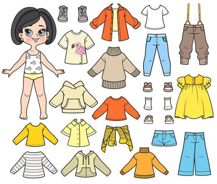 Cartoon brunette girl with bob haircut and  hoodie, t-shirt with flamingo print, sweater, jeans and sneakers