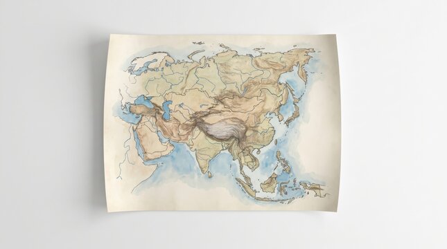 Hand-drawn watercolor map of the Asian continent on a white background.