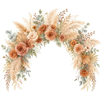 Watercolor Boho Arch With Terracotta Roses And Pampas Grass