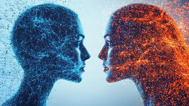 Two abstract digital human heads one blue one orange facing each other connected by glowing particle networks