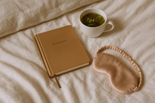 A cozy setup on a bed with a journal, a cup of herbal tea, and a beige silk sleep mask.