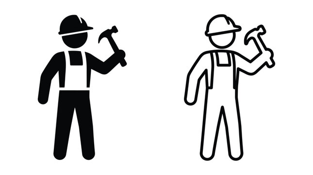 Construction worker with hammer black and white line art illustration