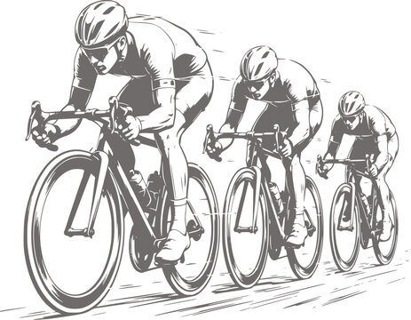 Cycling race graphic featuring three professional athletes on road bikes moving fast for sports event promotion and fitness editorial.