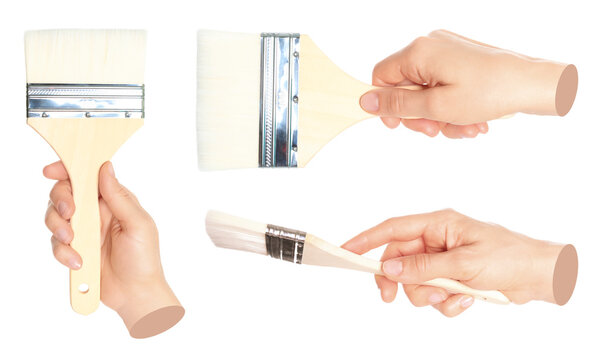 Set of Woman hand holds paint brush, isolated on transparent background, painting and design concept. Contemporary art design