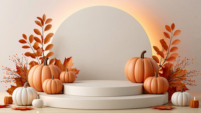 Autumn harvest pumpkins and fall leaves decorating a minimalist product display podium with warm light