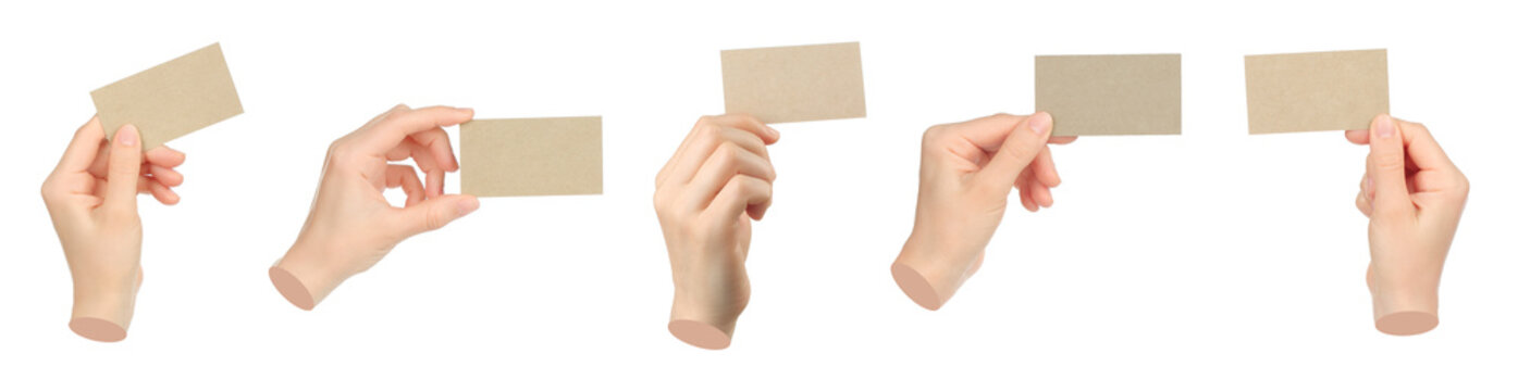 Set of Hand holds craft blank business card, isolated on transparent background, business concept. Contemporary art design