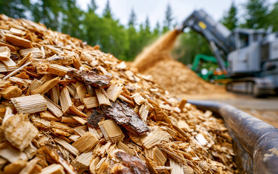 Wood chips pile with blurred wood chipper machine in background