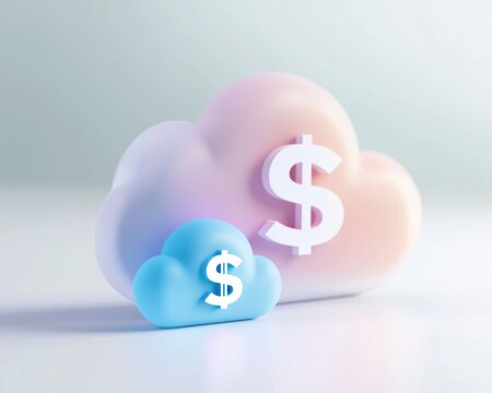 Two pastel-colored cloud icons with dollar signs, symbolizing cloud finance, cost management, or scalable pricing in cloud computing.