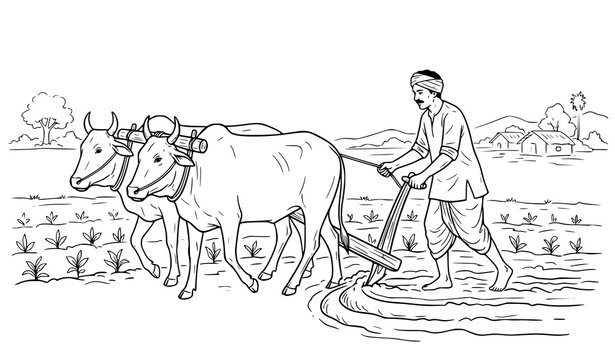 Hand Drawn Indian Farmer Plowing Rice Field with Oxen Line Art Agriculture Illustration