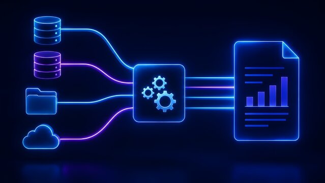 Glowing digital flowchart showing automated data processing from cloud storage and databases through gears to generate an analytics report document