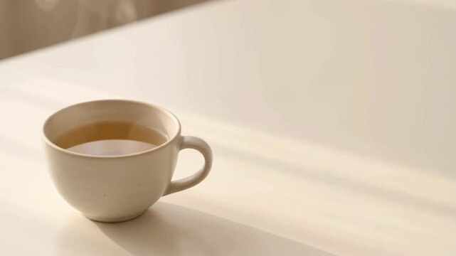 Steaming hot mug of tea rests on clean white table with soft natural sunlight casting gentle shadows in morning light.