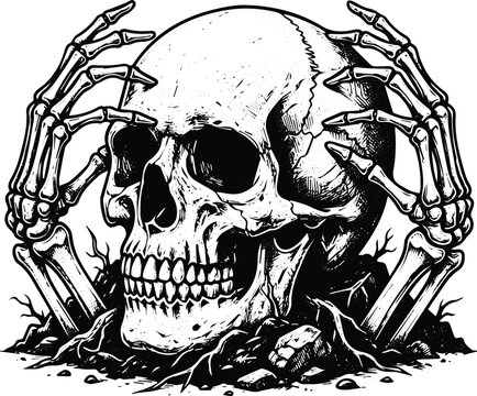 Detailed hand drawn human skull emerging from ground with skeleton hands holding head black and white tattoo vintage vector illustration