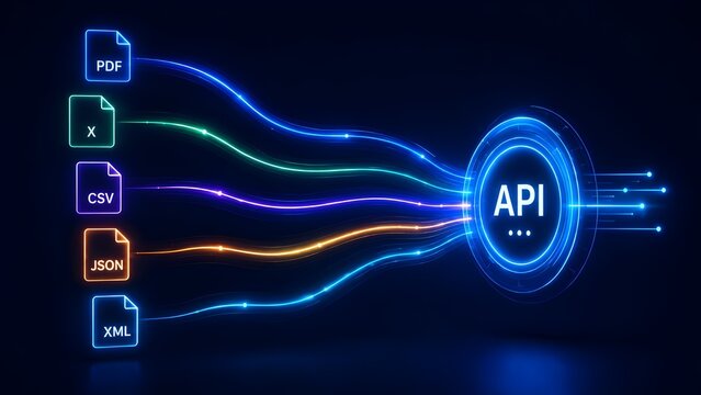 API integration concept with multiple data file formats flowing through glowing neon light trails into digital interface
