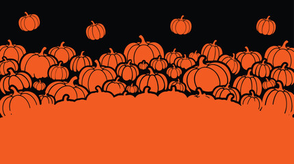 Naklejka premium A festive halloween background featuring a dense collection of orange pumpkins arranged against a dark backdrop for seasonal holiday party invitation designs