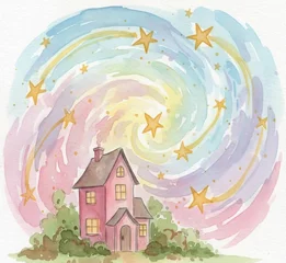 Whimsical Watercolor House Digital Art, Magical Starry Night Sky PNG for Seamless Pattern and Overlay, Pastel Storybook Fantasy Home Clipart for Etsy and Adobe Stock © Mamy Lorra