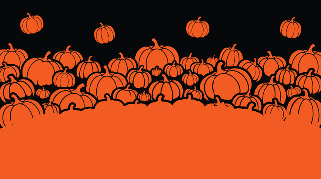 A festive halloween background featuring a dense collection of orange pumpkins arranged against a dark backdrop for seasonal holiday party invitation designs