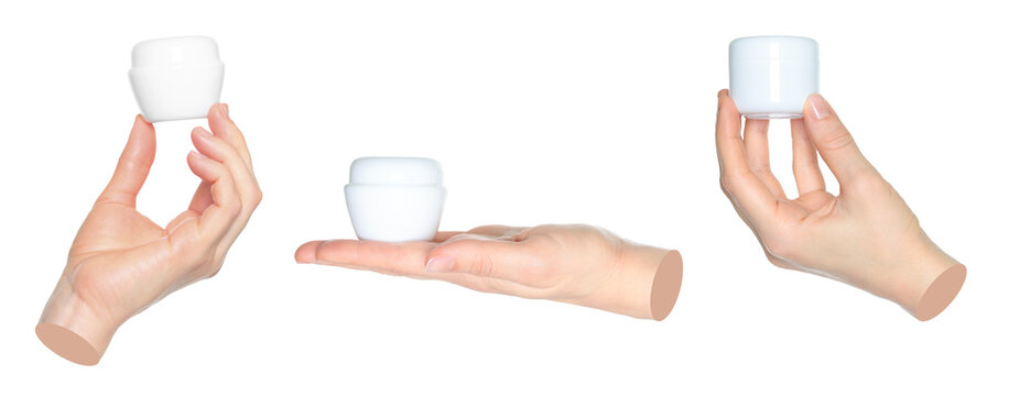 Set of hand contemporary art style holding white cosmetic cream jar, isolated on transparent background. Perfect for skincare design, eco beauty and cosmetic advertising concepts