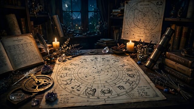 Cozy vintage astrologer study desk with natal chart, celestial maps, telescope, and candles at night