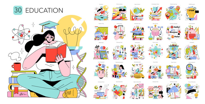 Education vector set with student reading book and learning