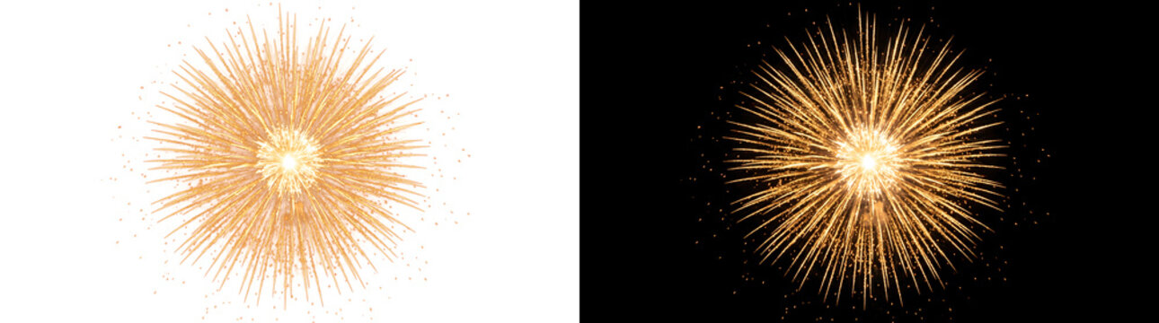Gold firework burst exploding with radiant sparks featuring PNG, Transparent and Black Background Versions for celebration design
