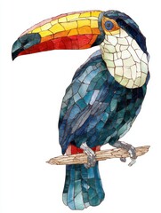 Fototapeta premium Colorful Mosaic Toucan Bird Perched On A Branch Isolated On A Crisp White Background