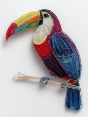 Obraz premium Colorful Toucan Bird Ornament Made From Sparkling Sequins And Beads Against A Plain White Background