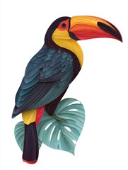 Fototapeta premium Colorful Toucan Bird Perched On Tropical Leaf Illustration Isolated On Plain White Background