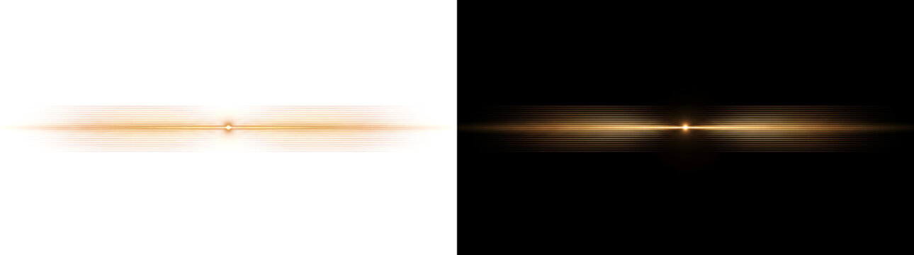 Gold horizontal light streak with thin glowing scan lines and a bright spark for futuristic design use in PNG, Transparent and Black Background Versions