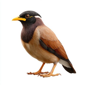 Common Myna Bird With Brown Plumage And Yellow Beak Isolated On A Clean White Background