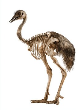 Complete Skeleton Of An Ostrich Standing On A Plain White Background Educational Museum Specimen