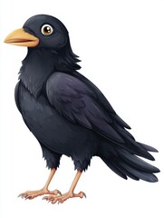 Obraz premium Cute Cartoon Black Crow Illustration With Orange Beak And Large Eyes Against A White Background