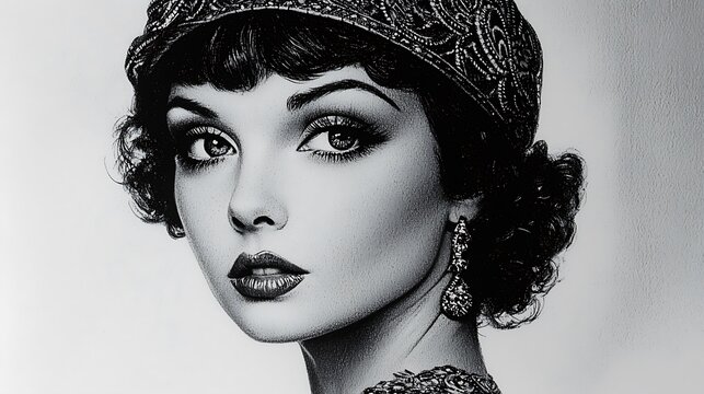 Black and white portrait of a woman from the 1920s wearing a decorative headband and large earrings