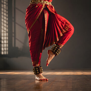 Indian Classical Dancer in Red Costume and Ghungroo Performing Traditional Pose