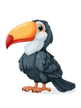 Cute Cartoon Toucan With Large Orange Beak And Black Feathers Isolated On A Plain White Background