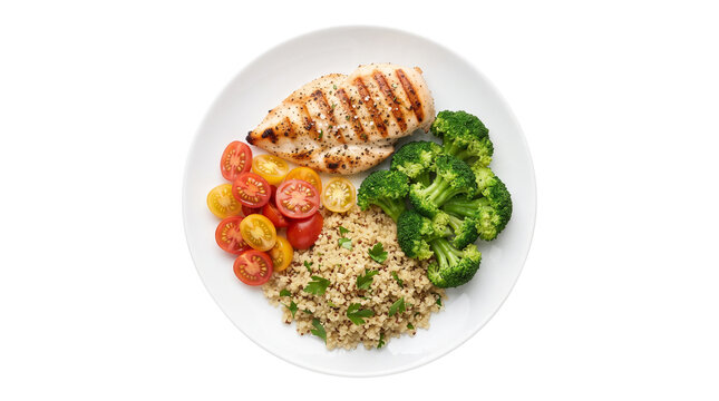 Grilled chicken breast with brown rice and steamed broccoli. Healthy meal prep plate with cherry tomatoes. Balanced fitness nutrition on white background.