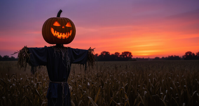 Scary scarecrow with a halloween pumpkin head in a field at sunset. Halloween background, copy space.
