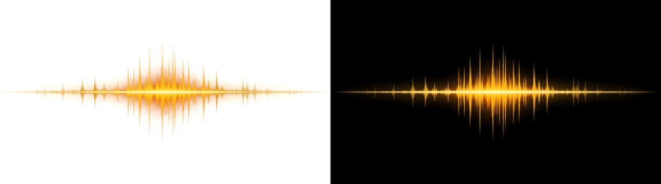 Gold sound wave glowing audio frequency equalizer featuring PNG, Transparent and Black Background Versions for music design