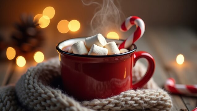 Ceramic mug of hot cocoa topped with melting marshmallows and candy cane