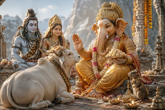 Ganpati Bappa with Mahadev Shiva and Maa Parvati &ndash; Sacred Hindu Celebration of Ganesh Chaturthi, Sankashti Chaturthi and Shivratri