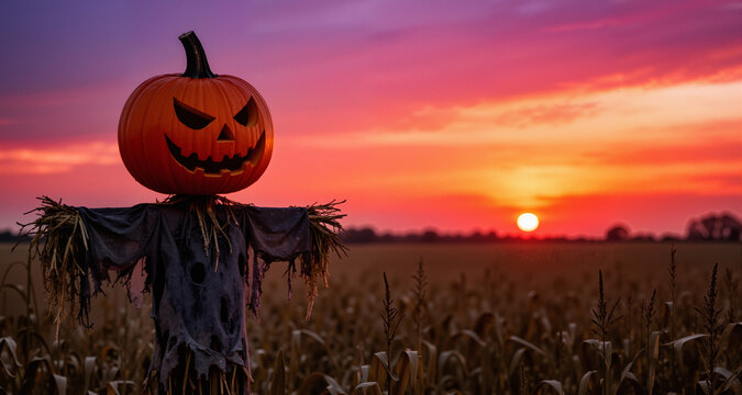 Scary scarecrow with a halloween pumpkin head in a field at sunset. Halloween background, copy space.
