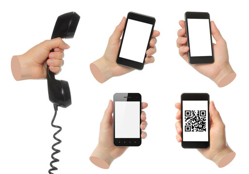 Set of hand contemporary art style holding phone isolated on transparent background. Perfect for technology, communication, mobile devices, social media and advertising concepts