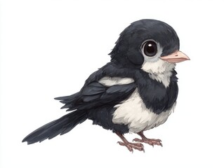 Fototapeta premium Cute Little Black And White Bird With Big Reflective Eyes Against A Plain White Background