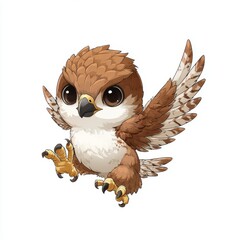 Obraz premium Cute Little Brown Sparrow Chick Flying With Outstretched Wings Isolated On White Background